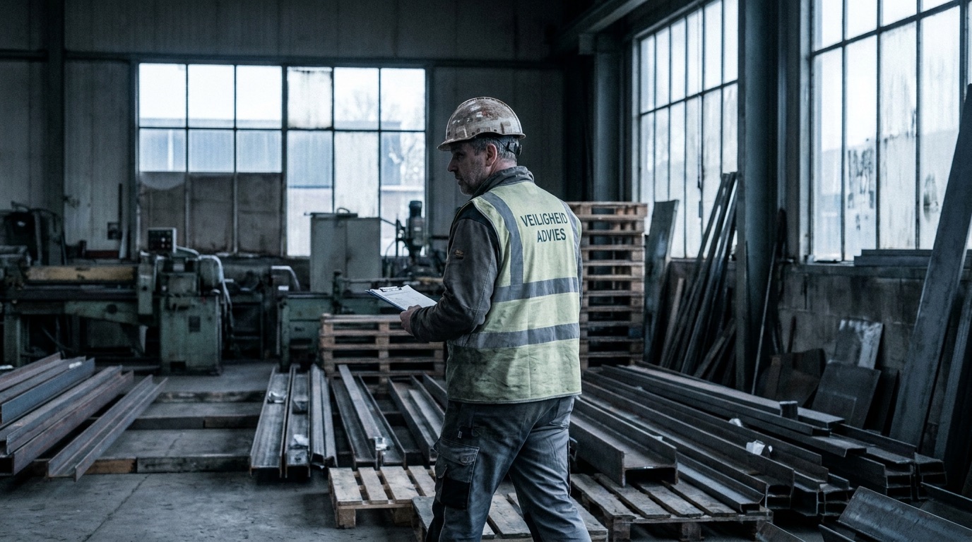 Veiligheidskundige tijdens een ronde in een industriële hal